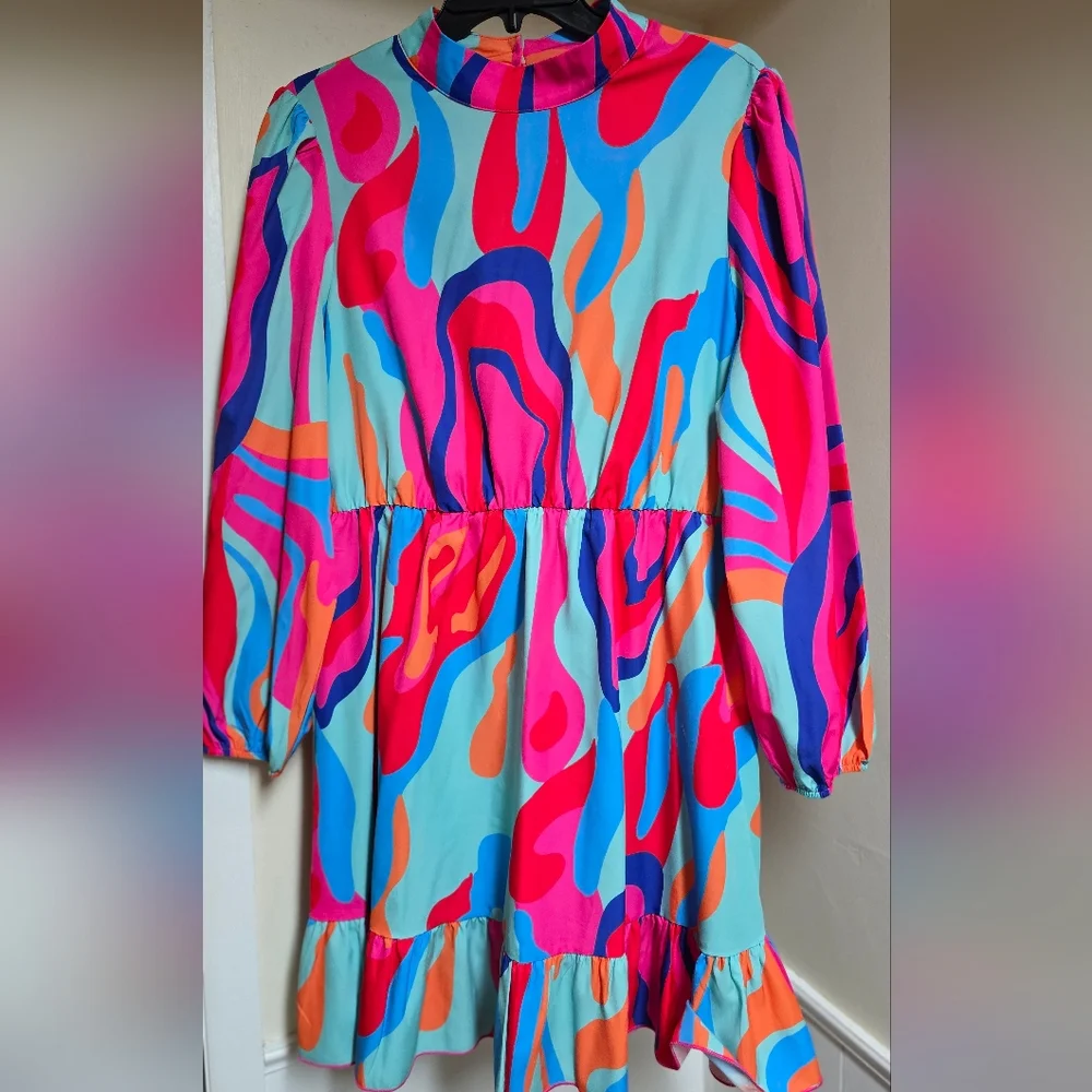 Retro Funky Disco Lantern Sleeve Ruffle Hem Dress NWOT XL - Picture 1 of 10